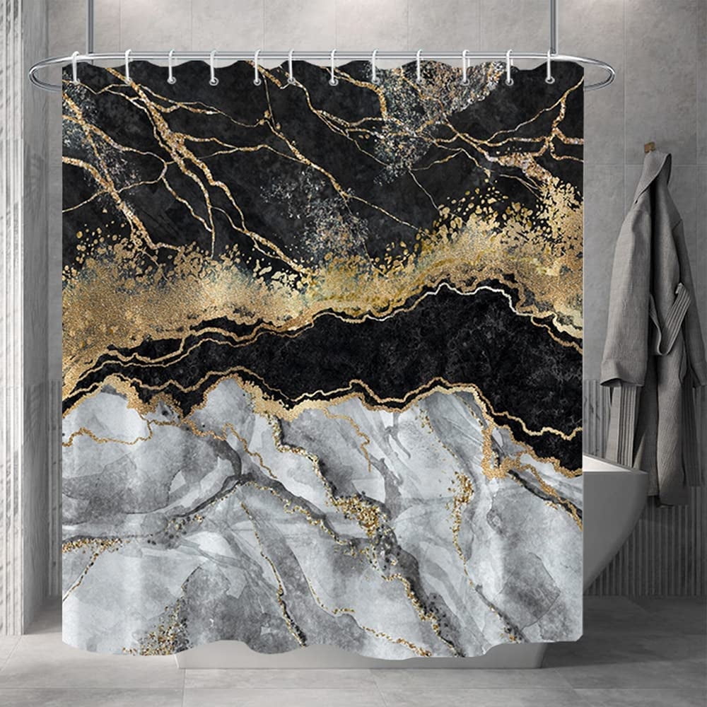 Marble Bathroom Shower Curtain Black Grey Gold Waterproof Fabric Shower Curtains with Hooks Watercolor Abstract Shower Curtains Cloth for Home Bath Decor 72x72 inches