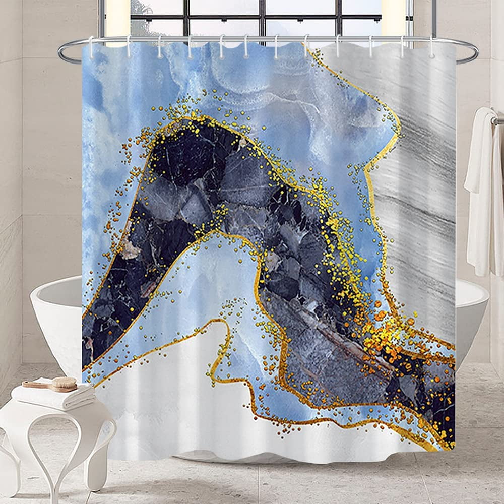 Marble Bathroom Shower Curtain Blue Black Gold Waterproof Fabric Shower Curtains with Hooks Watercolor Abstract Shower Curtains Cloth for Home Bath Decor 72x72 inches