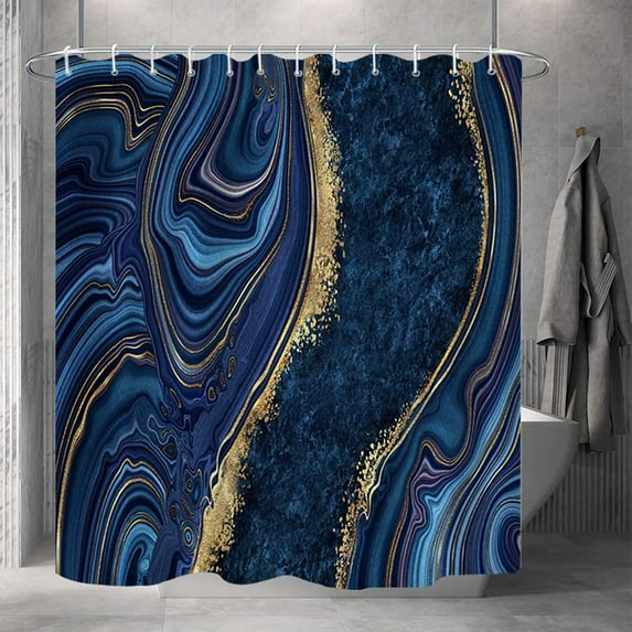 Marble Bathroom Shower Curtain Dark Blue Navy Gold Waterproof Fabric Shower Curtains with Hooks Watercolor Abstract Shower Curtains Cloth for Home Bath Decor 72x84 inches