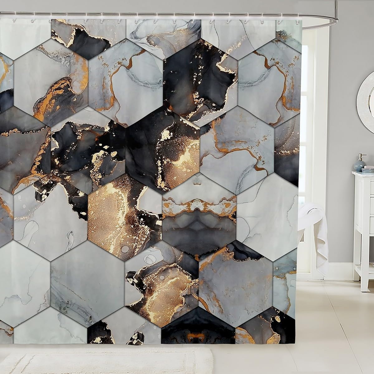 Marble Bathroom Shower Curtain Sets Black Marble Gold Striped Print