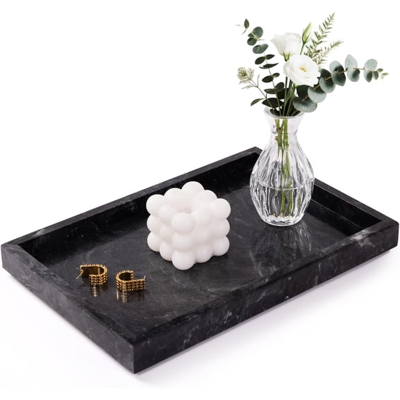 Marble Bathroom Tray for Countertop & Home Decor, Natural Decorative Marble Tray for Jewelry & Perfume Organizer, Luxury Stone Vanity Trays for Dresser, Kitchen Counter, 12" x 8", Gray Black