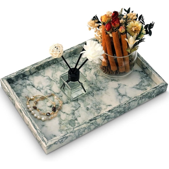 Marble Bathroom Tray, Cyan-Green Natural Stone Vanity Tray, 12 x 8 Inch Rectangular Decorative Tray with Polished Finish
