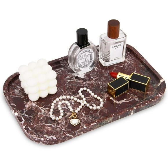 Marble Bathroom Vanity Tray, Natural Travertine Marble Home Kitchen Bathroom Table Tray, Stone Decorative Countertop Serving Trays for Coffee Perfume Jewelry Makeup (Rosso Lepanto L)