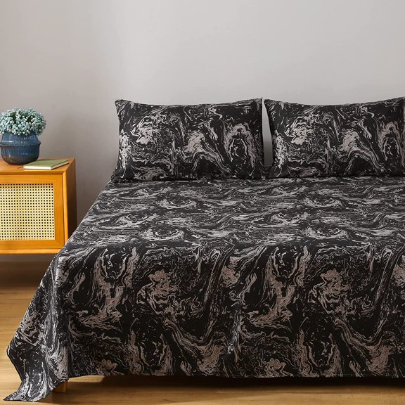 Marble Bed Sheet, 3PC Black Modern Pattern Printed Bedding Sheet Set with 1 Top Flat & 1 Fitted Sheet with 1 Pillowcase, 15” Deep Pocket