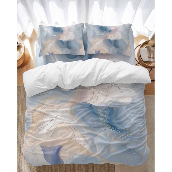Marble with Bedding Duvet Cover Set Full Size 4 Pieces Gold Lines Pink Blue Gradient Texture Bedding Set with Zipper Closure, 1 Comforter Cover 86x86 Inches 1 Flat Sheet & 2 Pillow Cases