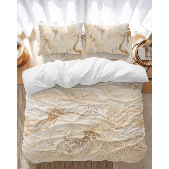Marble Bedding Duvet Cover Set Queen Size 4 Pieces Abstract Fluid Art Beige Brown Marble Texture Modern Bedding Set with Zipper Closure, 1 Comforter Cover 90x92 Inches 1 Flat Sheet & 2 Pillow Cases