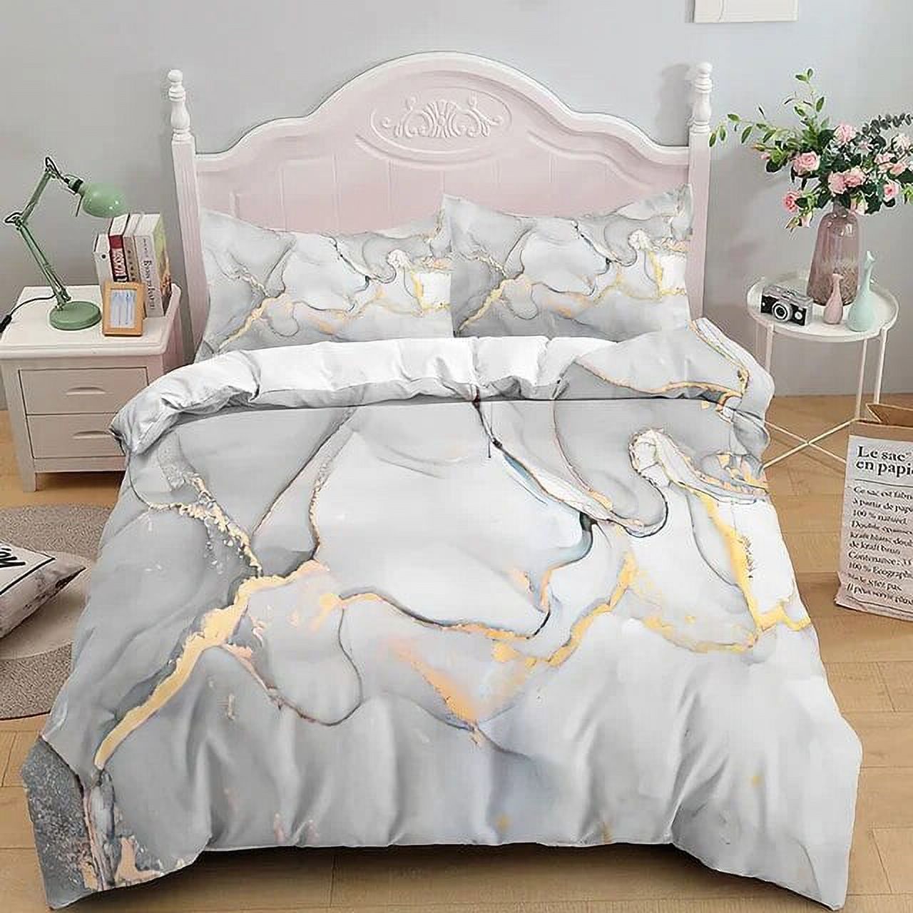 Marble Bedding Set King/Queen Size Grey Gold Marble Duvet Cover Men