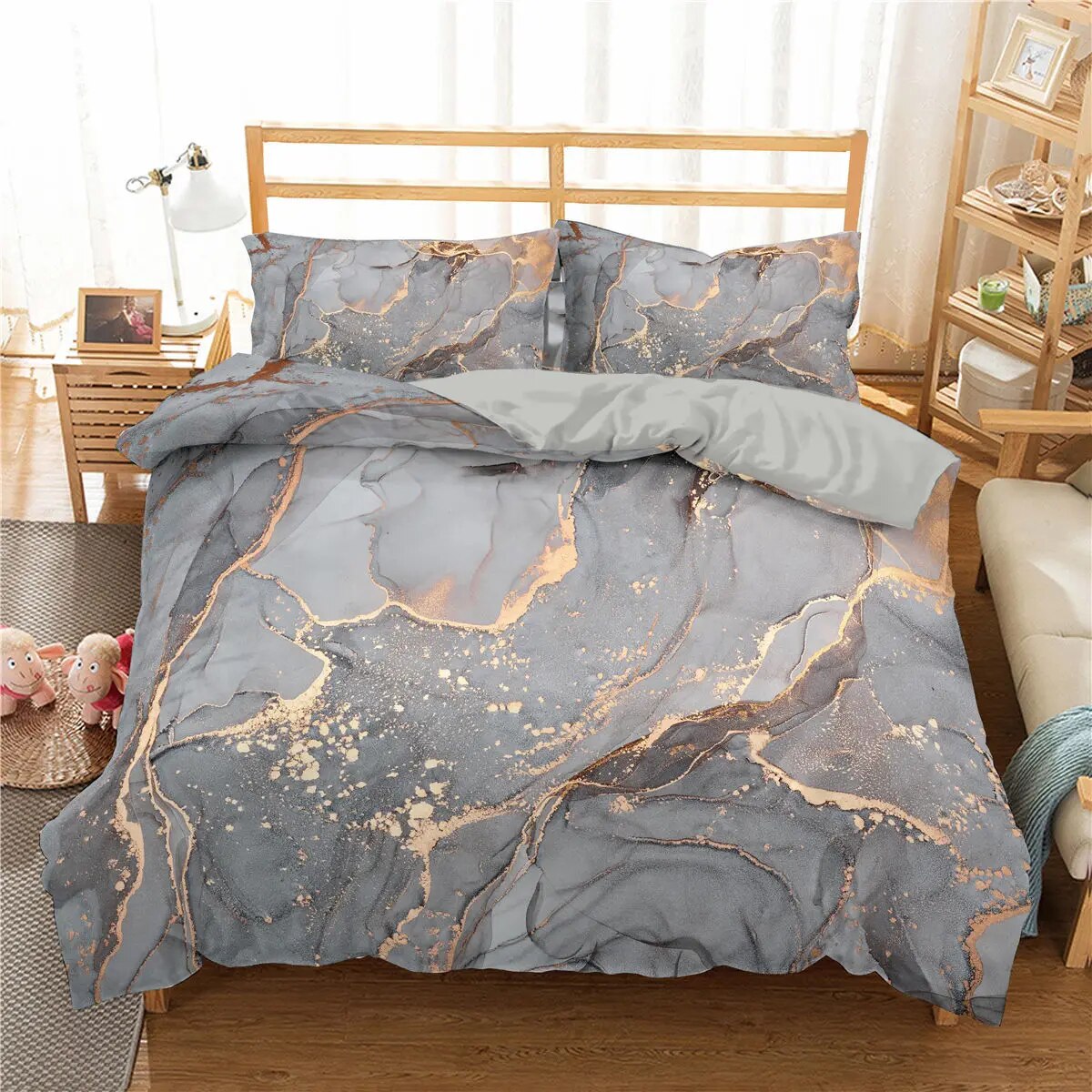 Marble Bedding Set King/ Size Grey Gold Marble Duvet Cover Men Adults
