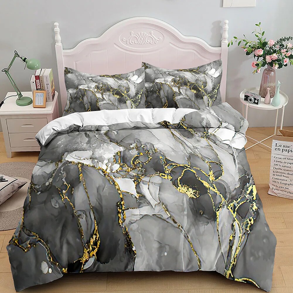 Marble Bedding Set King/ Size Grey Gold Marble Duvet Cover Men Adults