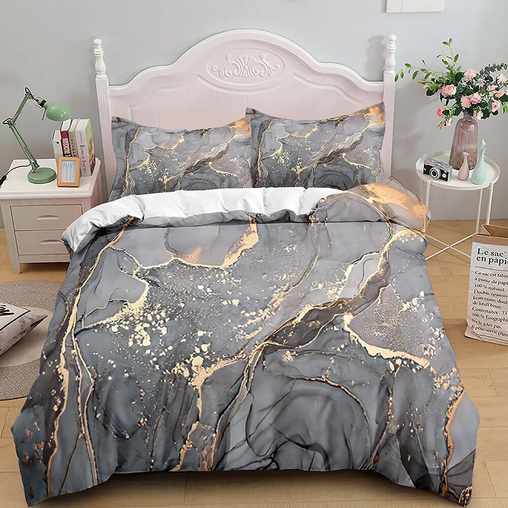 Marble Bedding Set King/ Size Grey Gold Marble Duvet Cover Men Adults