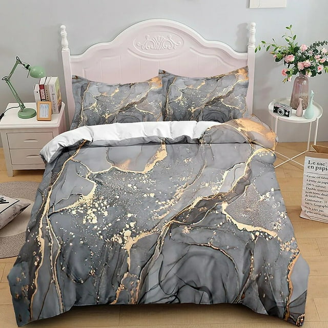 Marble Bedding Set King/ Size Grey Gold Marble Duvet Cover Men Adults
