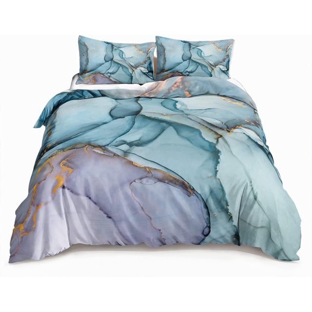 Marble Bedding Set Queen Size, Gold and Blue Marble Duvet Cover Set for