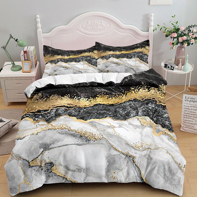 Marble Bedding Set White Grey Gold Marble Pattern Comforter Cover for