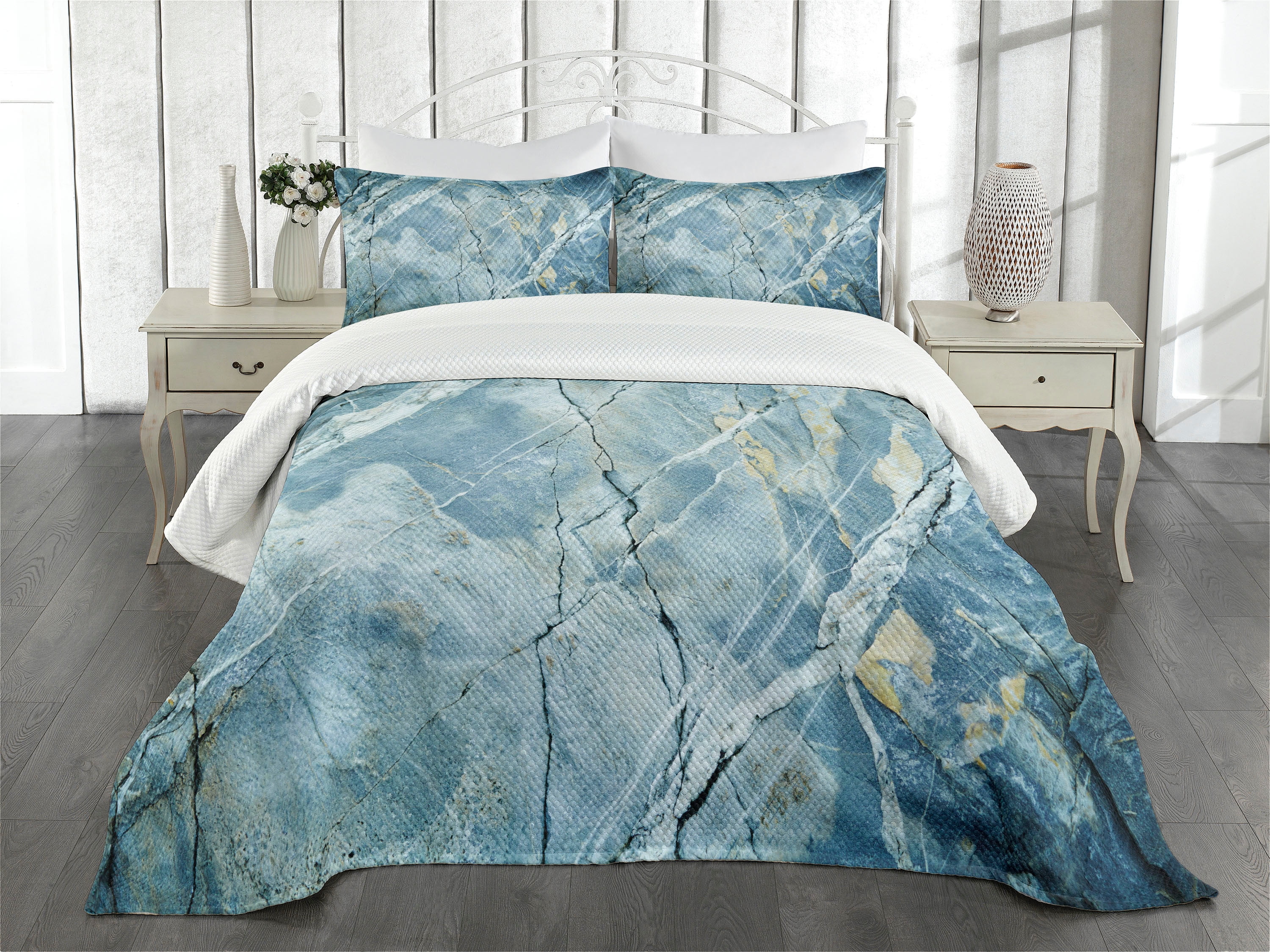 Marble Bedspread Set Queen Size, Exquisite Granite Stone Architecture