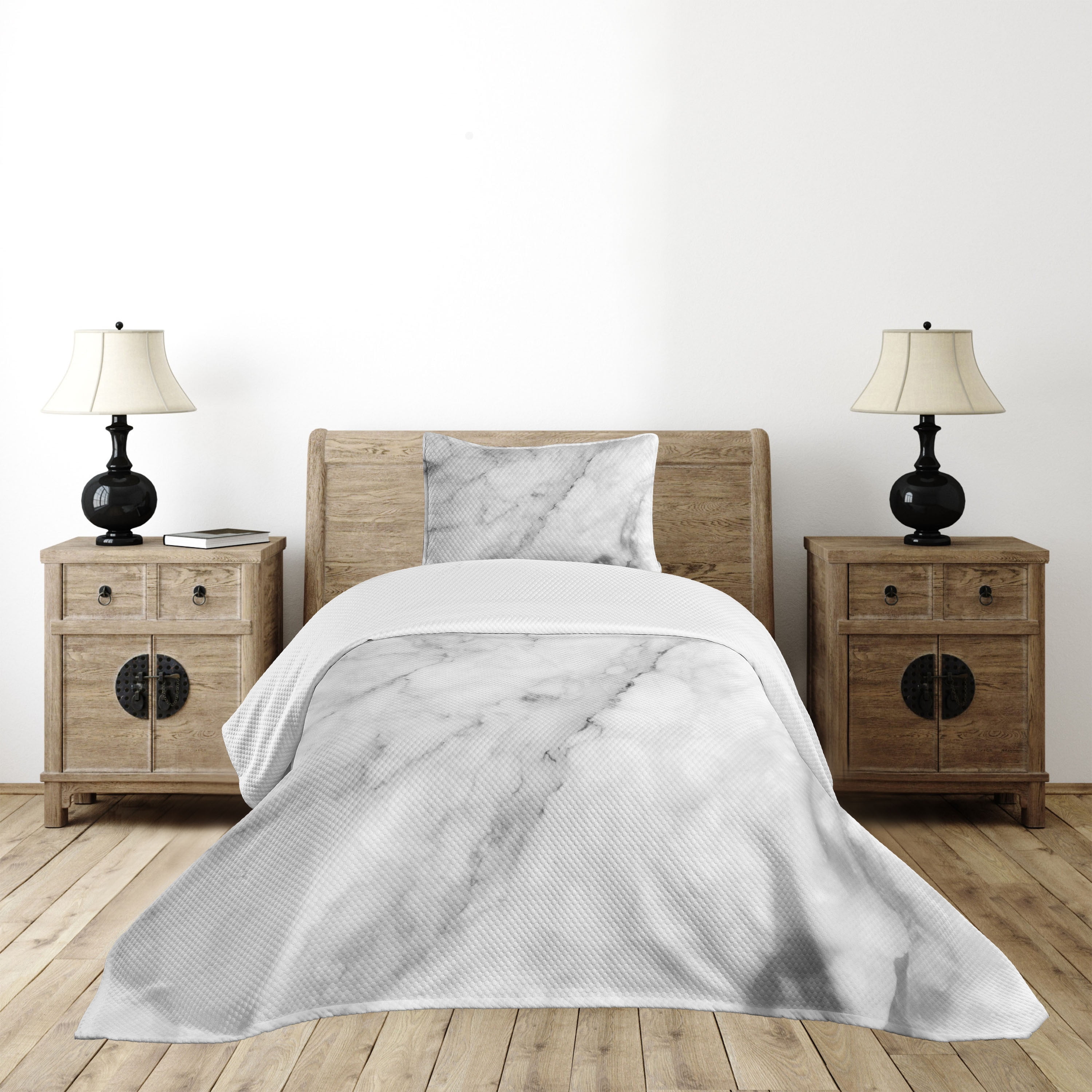 Marble Bedspread Set Twin Size, Granite Surface Motif with Sketch