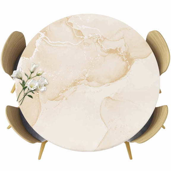 Marble Beige Round Tablecloth 36-44 Inch Round Fitted Table Cloth with Elastic Edge, Modern Abstract Ink Painting Luxury Waterproof Table Cover Protector for Outdoor Picnic Party Dining