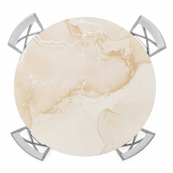 Marble Beige Round Tablecloth for 36-44 Inch Tables, Fitted Table Cover with Elastic Edge, Modern Abstract Ink Painting Luxury Waterproof Outdoor Table Cloth Protector for Patio Garden Dinner Picnic