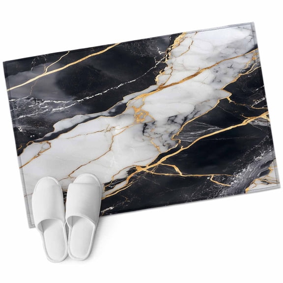 Marble Black 2'x3' Washable Rug, Abstract Gold White Brick Stone Motif Non-Slip Soft Doormat Area Rugs for Entrance Bathroom Bedsides, Carpet for Kitchen Bedroom, Entryway Floor Mat