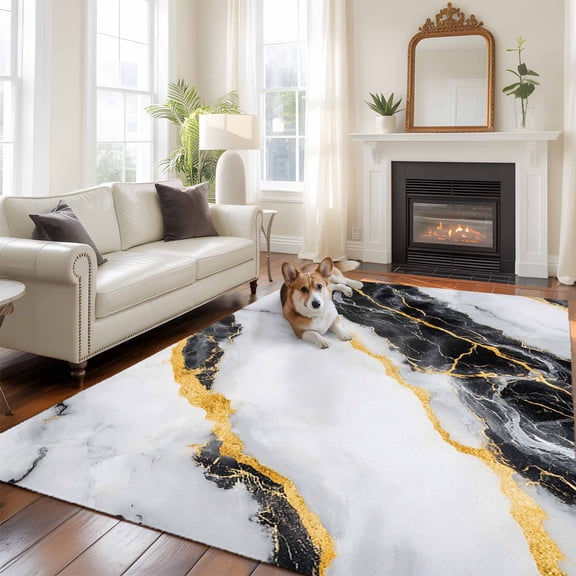 Marble Black Area Rug 5x8 FT, Non Slip Bedroom Throw Carpet, Gold Foil Ceramic Style Cracks Scratches Washable Soft Floor Carpet Non-Shedding Rug for Living Room Nursery Dorm Office