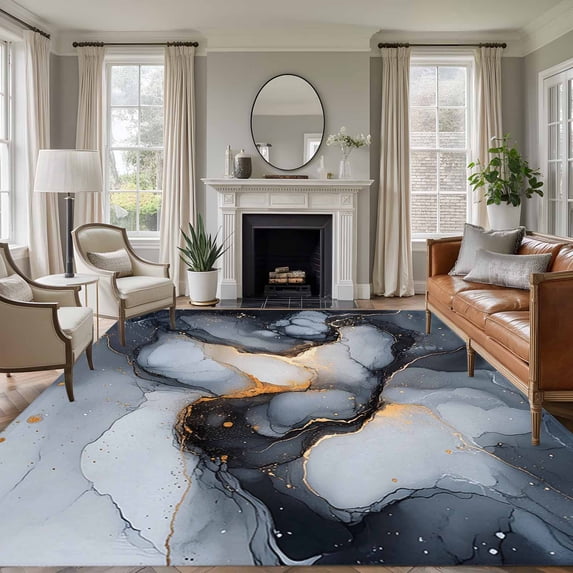 Marble Black Area Rug 6x9 FT, Non Slip Living Room Throw Carpet, Ink Painting Modern Art Abstract Washable Soft Large Floor Carpet Non-Shedding Rug for Bedroom Dining Room Play Room