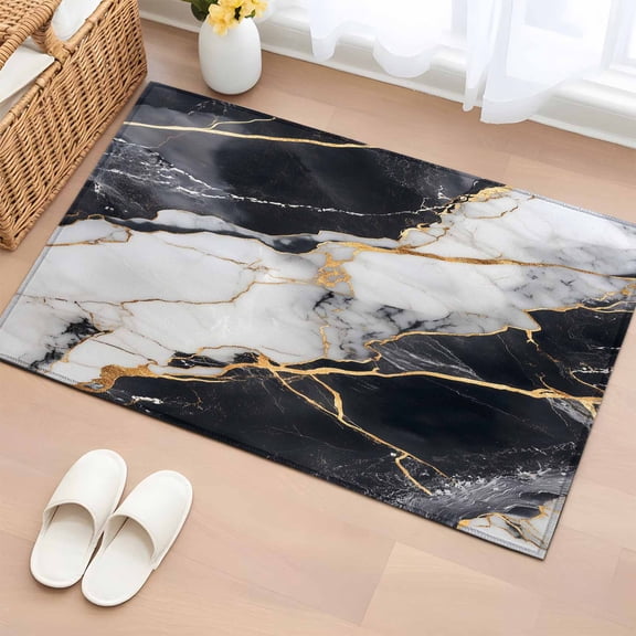 Marble Black Bathroom Rug Washable 2x3 Entryway Rug Non Slip Abstract Gold White Brick Stone Motif Front Door Mat Low Pile Indoor Doormat Throw Floor Carpet for Kitchen Bedroom Entrance