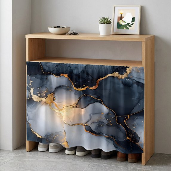 Marble Black Cabinet Curtain 35"Wx35"L, Dustproof Under Sink Skirt with Self Adhesive Tape, Ink Painting Art Modern Abstract Cabinet Curtain Cover for Kitchen Sink, Bathroom Vanity, Laundry Room