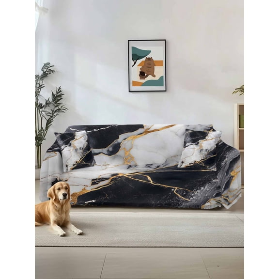 Marble Black Couch Cover Sofa Covers 3 Cushion Sectional Couch, Abstract Gold White Brick Stone Motif Washable Sofa Covers Slipcover Sectional Sofa Cover, Furniture Protector 71"x150"