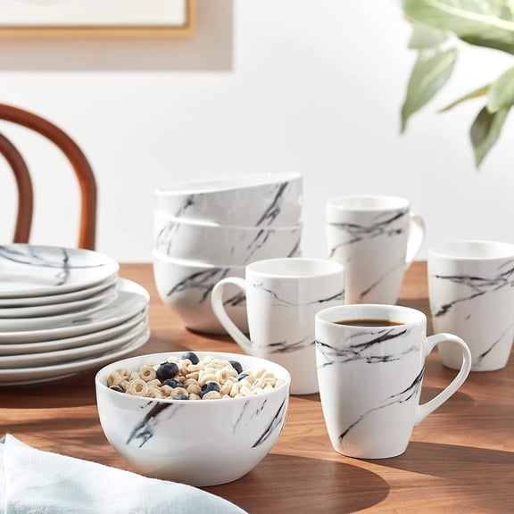 Marble Black Coup Casual Round Porcelain Dinnerware Set - 16 Piece Party Collection w/ 4 Dinner Salad Plates, 4 Bowls & 4 Mugs, 10.5", White