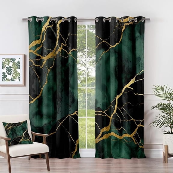 Marble Black Out Curtains, Emerald Green Gold Black Abstract Modern Curtains For Bedroom Living Room, Room Darkening Grommet Drapes Patterned Window Treatments 26"W x 63"L (Pack of 2)