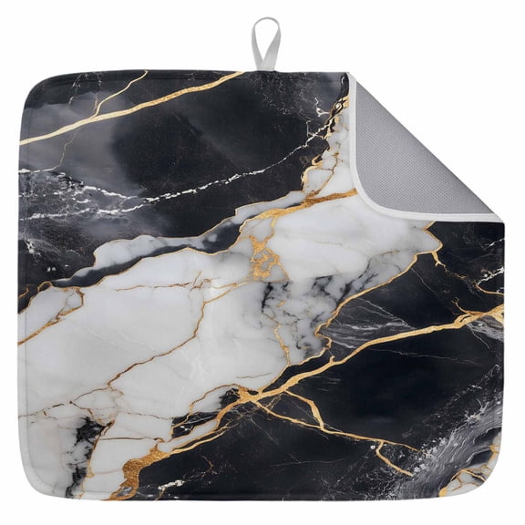 Marble Black Dish Drying Mat for Kitchen Counter,Abstract Gold White Brick Stone Motif Dish Mat Drying Kitchen Mat for Sink Drawer Absorbent Dishes Drainer Mats Microfiber Drying Pad 1pcs 16"x18"