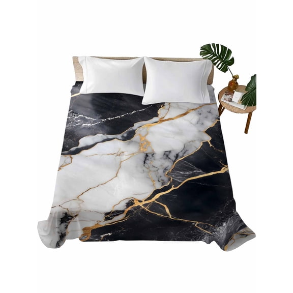 Marble Black Flat Sheets Only King Size, Soft Breathable Bed Top Sheets for Mattress, Abstract Gold White Brick Stone Motif Luxury Bedding Flat Sheets for Home Hotel Bedroom Bed Protection