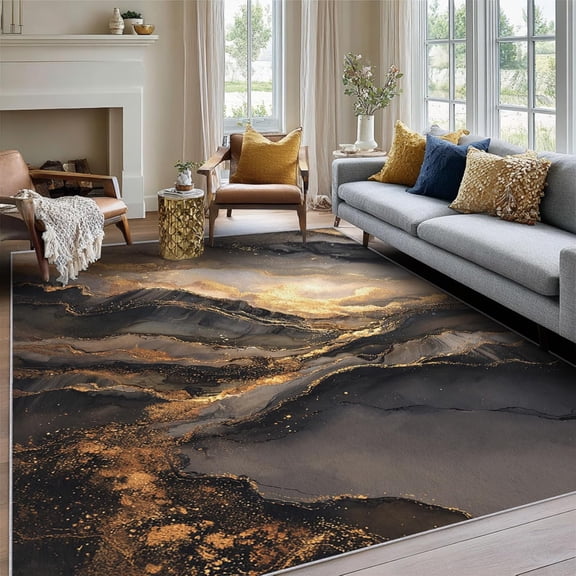 Marble Black Gold 3D Texture Area Rug, Modern Design Carpet, Washable Non Slip Soft Low Pile, Living Room Bedroom Kitchen Office Mat 5x8ft
