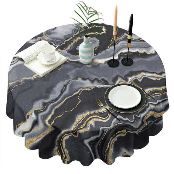Marble Black Gold Round Table Cloth,Wrinkle Resistant Table Cover with Polyester,Waterproof Reusable Tableclothes for Easter Birthday Picnic Wedding (Round,60x60inch)