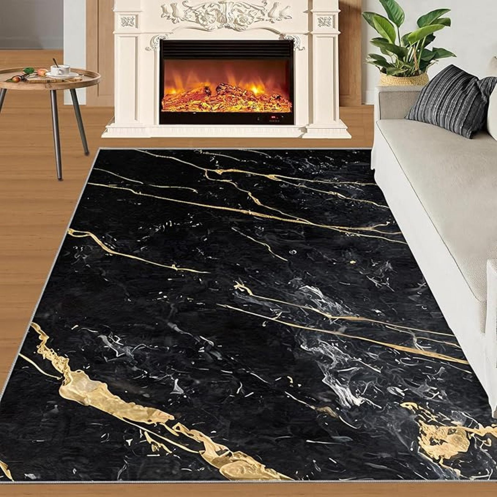 Marble Black And Gold Rug, Modern Abstract Rug For Bedroom, Soft Low ...