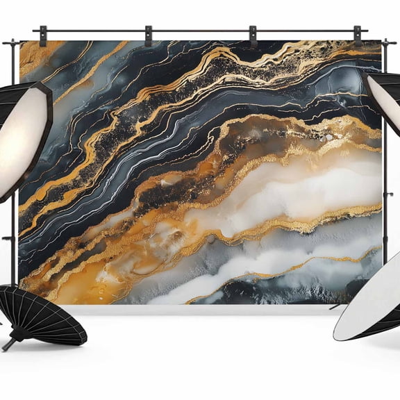 Marble Black Golden Backdrop for Photography,Fabric Photo Background Backdrop,Aesthetics Modern Abstract Ink Painted Photo Booth Background for Portrait Photoshoot Video Wedding Banner 7x5ft