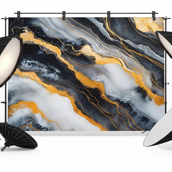 Marble Black Golden Backdrop for Photography,Fabric Photo Background Backdrop,Modern Aesthetics Abstract Ink Painted Photo Booth Background for Portrait Photoshoot Video Wedding Banner 7x5ft
