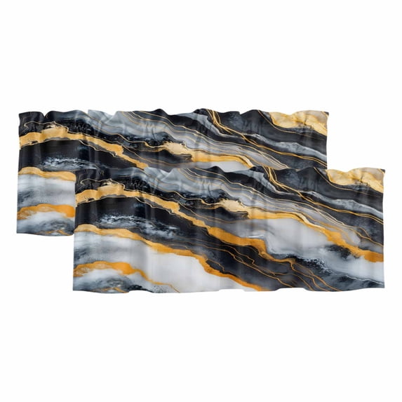 Marble Black Golden Curtain Valances for Windows, Kitchen Valance Window Treatments Panel 2 Pack, Modern Aesthetics Abstract Ink Painted Rod Pocket Short Curtains for Bathroom Bedroom 60 x 18 Inch