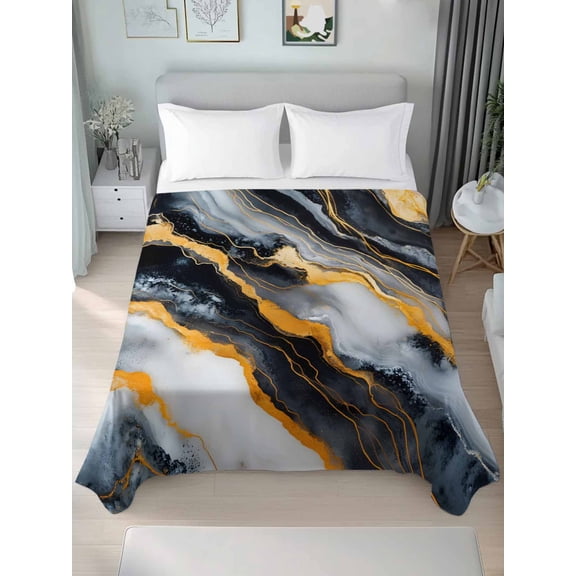 Marble Black Golden King Size Flat Sheet, Wrinkleproof & Fadeproof Cooling Flat Bed Sheet Only, Modern Aesthetics Abstract Ink Painted Breathable Soft Bedding Top Sheets 105 x 98 Inches
