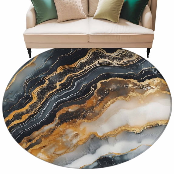 Marble Black Golden Large Area Rugs for Bedroom Living Room, Soft Non Slip Carpet Bedside Rug, Aesthetics Modern Abstract Ink Painted Round Floor Cover Kitchen Accent Rug 8' for Dining Room/Office