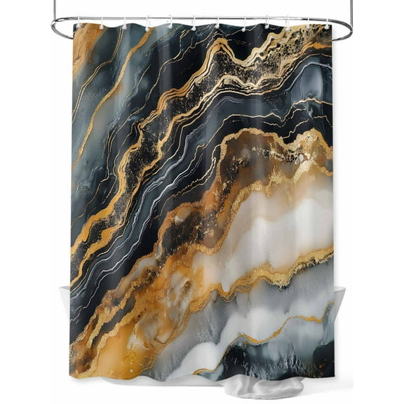 Marble Black Golden Shower Curtain Set, Waterproof Shower Curtains for Bathroom, Aesthetics Modern Abstract Ink Painted Washable Fabric Cloth Bath Curtain for Bathtub with Hooks 48x72 Inches