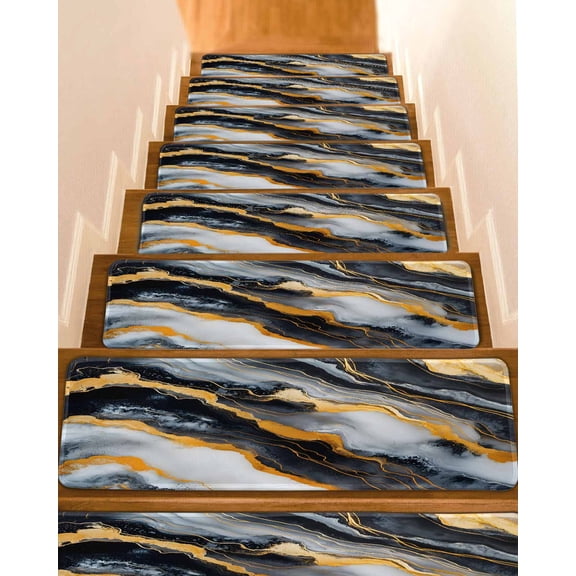 Marble Black Golden Stair Treads for Wooden Steps Indoor Runner Rug Carpet,Modern Aesthetics Abstract Ink Painted 7 Pieces Peel and Stick Staircase Step Treads Covers Washable Throw Door Mats,30"x8"