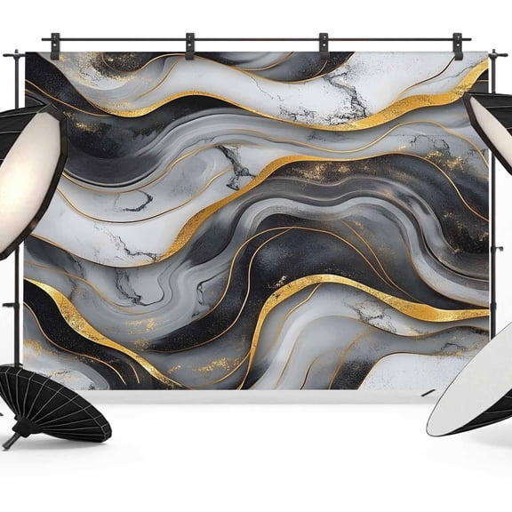 Marble Black Grey Backdrop for Photoshoot,Photography Photo Studio Background Wall Backdrop,Modern Fake Stone Gold Foil Wavy Back Drop Banner Panel for Portraits Wedding Party Live Streaming 7x5Ft