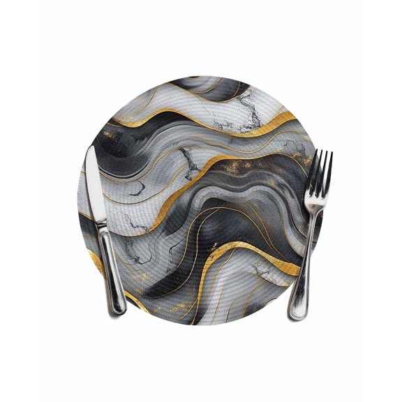 Marble Black Grey Round Placemats for Dinning Tables,Heat-proof Braided Table Mats 13 Inch,Modern Fake Stone Gold Foil Wavy Washable Place Mat for Kitchen Restaurant Party Decor Table Setting