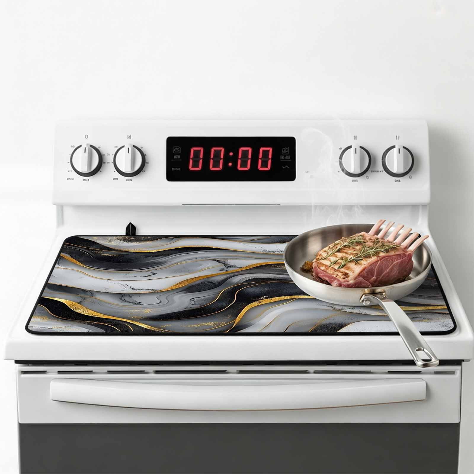 Marble Black Grey Stove Top Cover for Electric Stove, Heat-proof & Non Slip Glass Top Stove Cover Protector, Modern Fake Stone Gold Foil Wavy Kitchen Flat Cooktop Rubber Mat 24x21 Inches