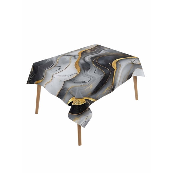 Marble Black Grey Table Cloth, Modern Fake Stone Gold Foil Wavy Waterproof Tablecloth for Rectangle Tables, Reusable Washable Fabric Table Cover for Restaurant Kitchen Dining Tables 60"x102"