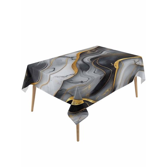 Marble Black Grey Table Cloth, Modern Fake Stone Gold Foil Wavy Waterproof Tablecloth for Rectangle Tables, Reusable Washable Fabric Table Cover for Restaurant Kitchen Dining Tables 60"x120"