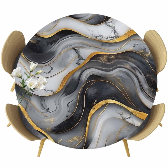 Marble Black Grey Table Cloth, Round Fitted Tablecloths with Elastic Edge, Modern Fake Stone Gold Foil Wavy Wipeable Waterproof Table Cover for Kitchen Wedding 55-60 Inches