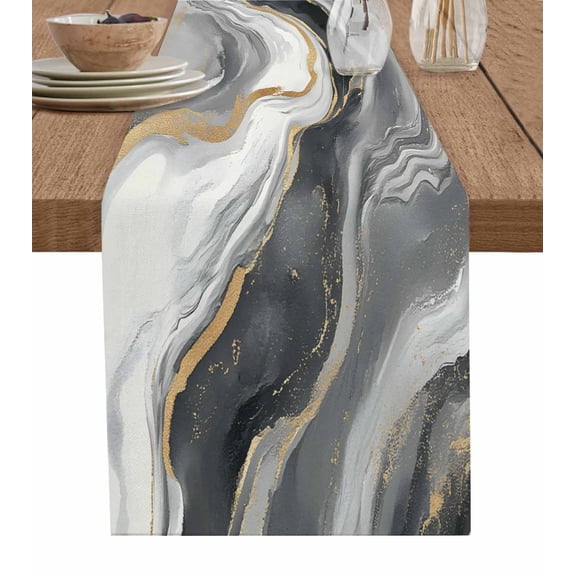 Marble Black Grey Table Runner-Cotton Linen- 108 Inch Holiday Dresser Scarves, Abstract Gradient Gold Ocean Waves Tablerunner for Kitchen Coffee/Dining Bedroom Living Room Dinner Scarf Décor 13x108