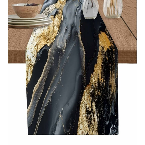 Marble Black Grey Table Runner-Cotton Linen- 90 Inch Holiday Dresser Scarves, Abstract Golden Waves Gradient Art Tablerunner for Kitchen Coffee/Dining Bedroom Living Room Dinner Scarf Décor 13x90