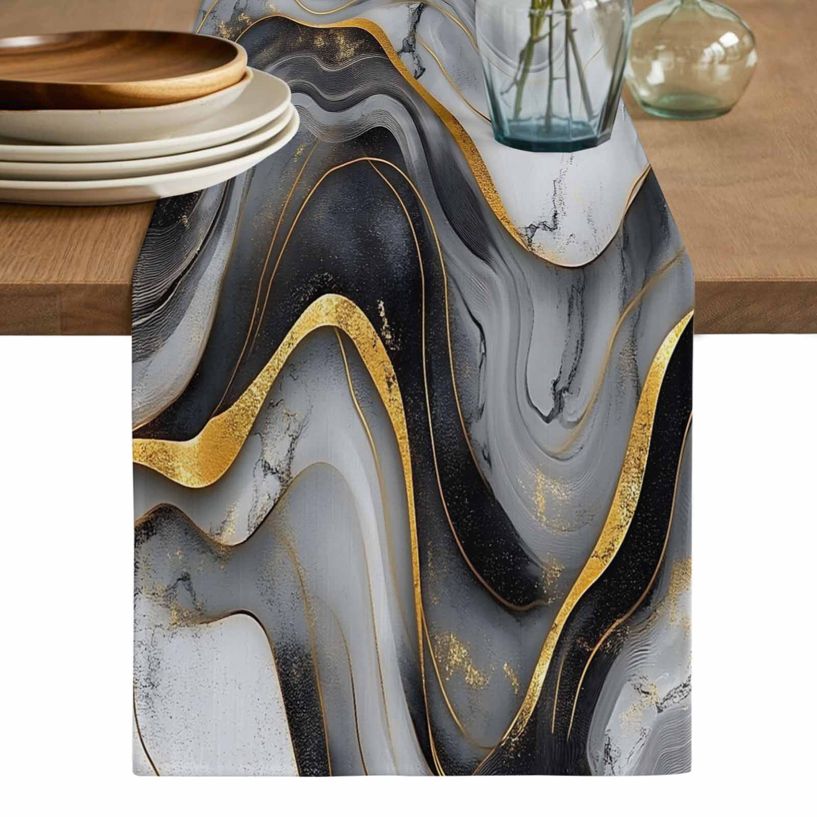 Fake Runner Design Marble Black Grey Table Runner, Modern Fake Stone Gold Foil Wavy ...